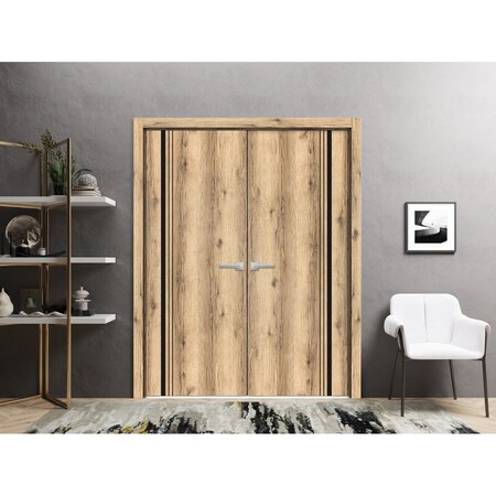 Sartodoors Solid French Double Doors, Planum 0011 Oak and Aluminum Strips, Wood Solid Panel Frame Trims, Close PLANUM0011DD-DUB-72