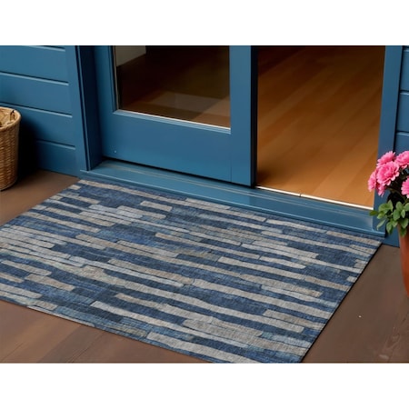 Homeroots 3' X 5' Navy Blue And Denim Blue Striped Washable Indoor Outdoor Area Rug 608952