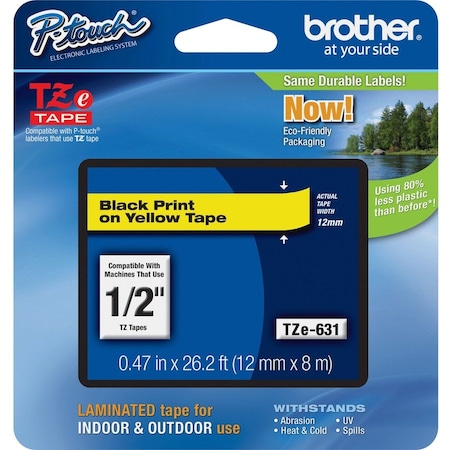 Brother Label Tape Cartridge 1/2", Black/Yellow TZE631