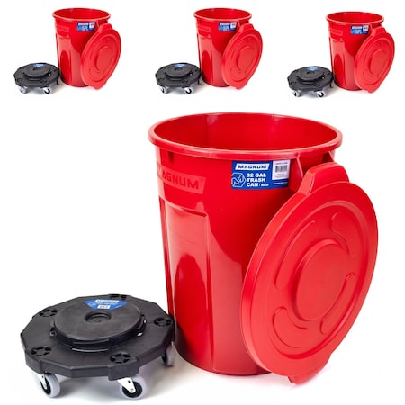 Magnum Tool Red 32 Gallon Trash Can Set (Trash Can, Quiet Dolly, and Reinforced Lid) (4 Set) CMTC-CLD0-32R04