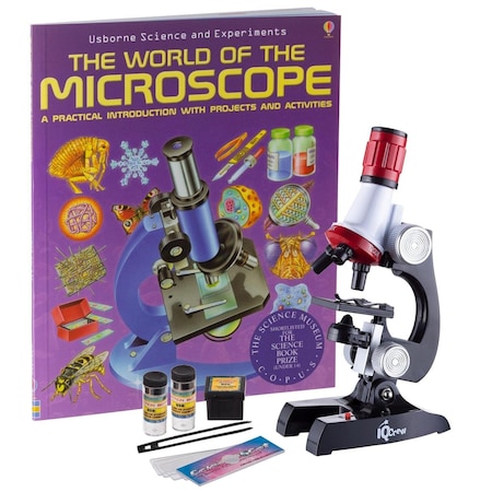 Amscope Kids Beginner Compound Microscope 100X-1200X LED Toy Set w/Slides Preparation Kit and Microscope Bo M28-KT1-W-WM