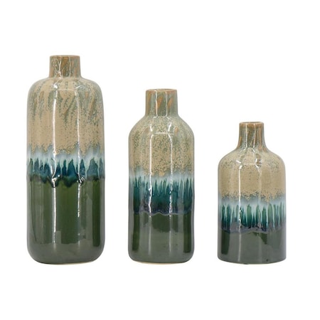 Homeroots Set of Three Beige Blue And Green Round Ceramic Table Vase, 3PK 574205