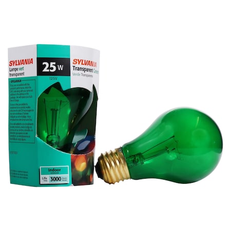 Ledvance/ Sylvania Incandescent A19 Bulb Shape Transparent Green Finish Medium Brass Base, 25Watt 125Volt 25A19TGRP-125V/11714
