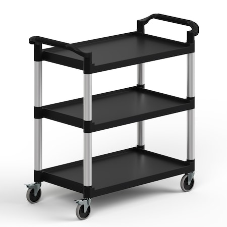 Amgood 42inx20in Utility/Bussing Cart, Three Shelves. Heavy-Duty Polypropylene, Black Shelves, Grey Posts AMG CART-PUC-4220-Z