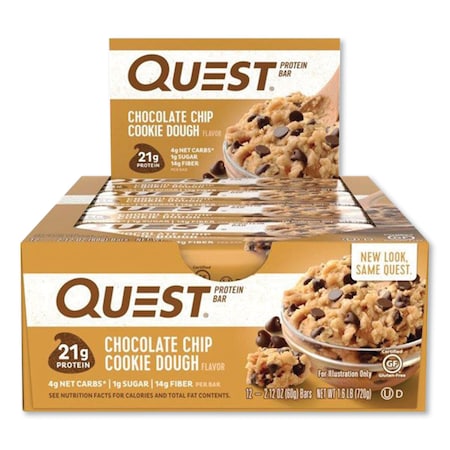 Quest Protein Bars, Chocolate Chip Cookie Dough, 2.12 oz Bar, 12PK QUN00003