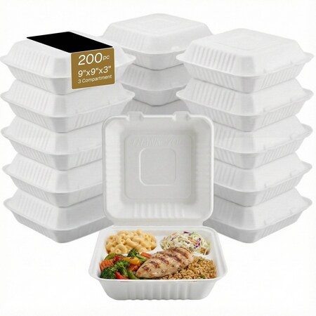 Eco Harmony Products Bagasse Hinged Food Storage Container, PFAS-Free, White, 3 compartments, 9" x 9", 200PK 804611