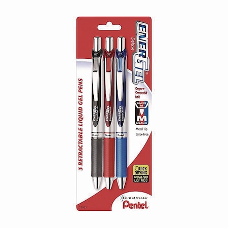 Pentel EnerGel RTX Deluxe Gel Pen, Retractable, Medium 0.7 mm, Assorted Ink and Barrel Colors, 3PK BL77BP3M