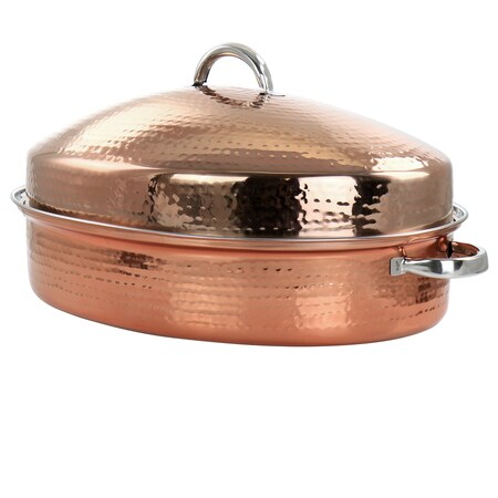 Gibson Home Radiance 17.5 Inch Stainless Steel Copper Plated Oval Roaster with Lid and Roasting Rack 127792.03