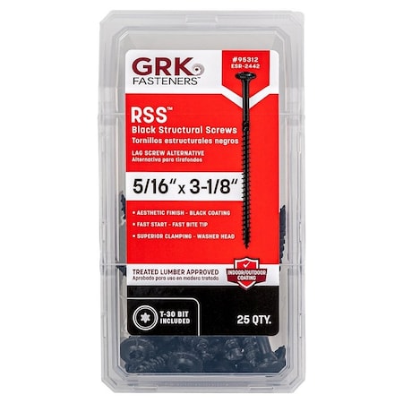 Grk Fasteners RSS Series Structural Screw, 3-1/8 in L, Coarse Thread, Washer Head, Torx Drive, PK25 95312