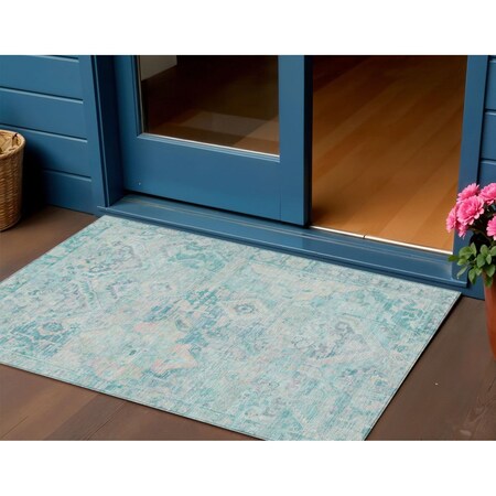 3' X 5' Teal Blue And Pink Floral Medallion Washable Indoor Outdoor Area Rug