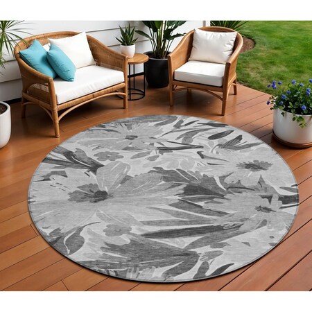 Homeroots 8' Gray And Charcoal Round Floral Washable Indoor Outdoor Area Rug 610982