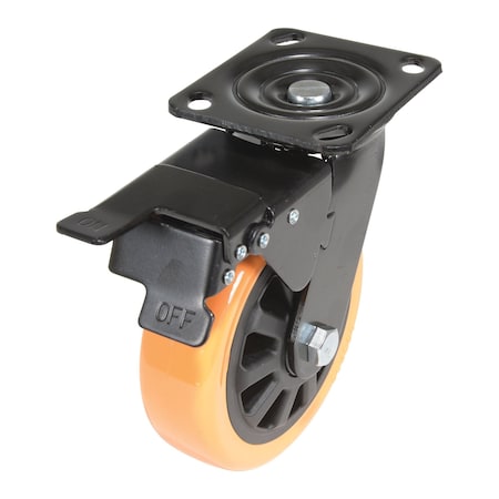 Vestil Polyurethane Swivel With Total Brake Caster 6 In. Diameter x 2 In. Width 836 lb Orange/Black CST-BN-6X2PUP-SWTB