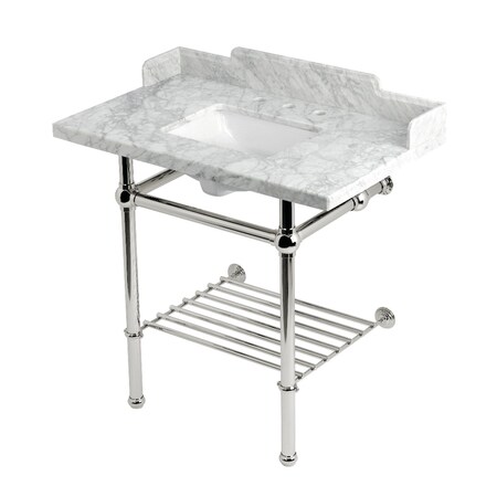 Kingston Brass 36-Inch Carrara Marble Console Sink with Brass Legs and Shelf, 8-Inch, 3-Hole LMS36MBSQB6