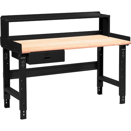 Global Industrial 72 x 36 Adj Height Workbench w/DrawerandRiser, Black- Maple Safety Edge Top 183989BBK