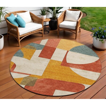 Homeroots 8' Coral Gold And Ivory Round Geometric Washable Indoor Outdoor Area Rug 617904