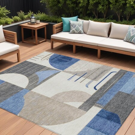 Homeroots 10' X 14' Blue Gray And Ivory Geometric Washable Indoor Outdoor Area Rug 617979