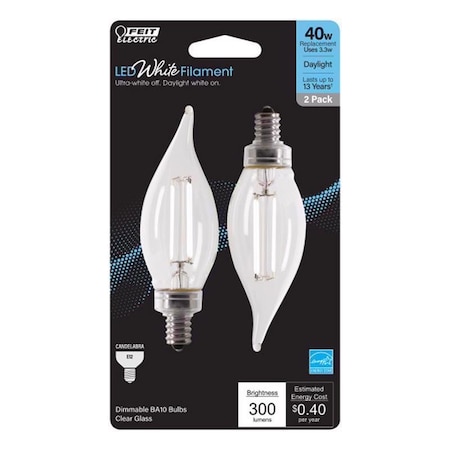 Feit Electric White BA10 E12 (Candelabra) Filament LED Bulb Daylight 40 Watt Equivalence, 2PK BPCFC40950WFIL2