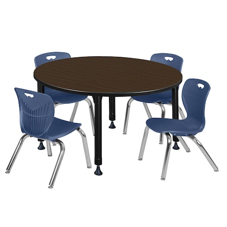 Regency Round Kee Adjustable Classroom Table W/ 4 Andy Stack Chairs, 48 in W, 48 in L, Neo Walnut TB48RNDNWAPBK45NV
