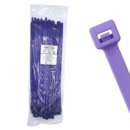 Cable Ties Unlimited Cable Tie, 14 in L, 120 lb Strength, 4 in Max Bundle Dia, Nylon 6/6, Purple 100PK C14-120-Purple