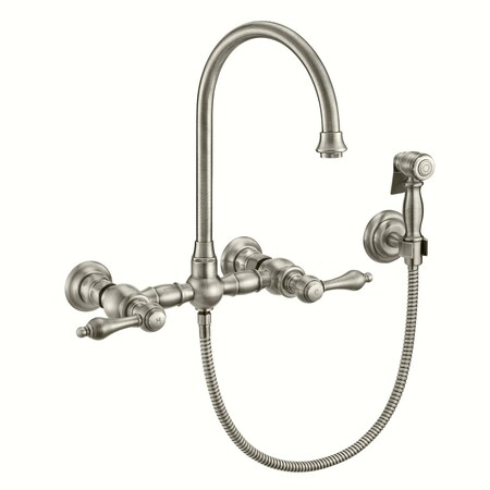 Whitehaus Collection Vintage III Plus Wall Mount Faucet with a  Long Gooseneck Swivel Spout, and Solid Brass Side Spray WHKWLV3-9301-NT-BN