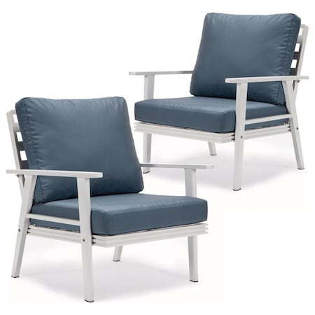 Leisuremod Walbrooke Outdoor Patio White Aluminum Armchairs With Cushions, Navy Blue, 2PK WW-31-27NBU2