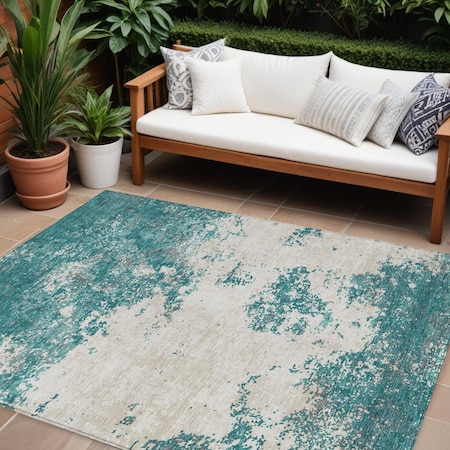 Homeroots 8' X 10' Teal Blue Ivory And Gray Abstract Washable Indoor Outdoor Area Rug 599523