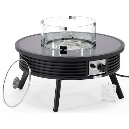 Leisuremod Walbrooke Outdoor Patio Aluminum Round Slats Design Fire Pit Side Table, Lid & Fire Glass, Black WBLS-29-GL
