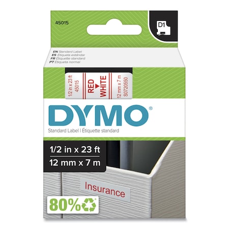 Dymo D1 High-Performance Polyester Removable Label Tape, 0.5in x 23 ft, Red on White 45015/S0720550
