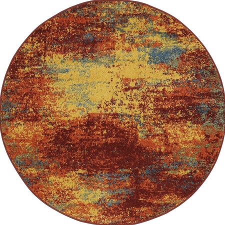 Homeroots 4' Flame Yellow And Orange Round Abstract Indoor Outdoor Area Rug 573902