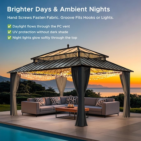 Sunjoy Kingston 16x12 Gazebo, Steel & PC Roof Hardtop Gazebo with Curtain and Netting - Gray Aluminum Posts A10204388100