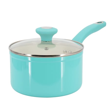 Martha Stewart Everyday Rexford 2.6 Quart Ceramic Nonstick Aluminum Saucepan with Lid in Teal 141014.02