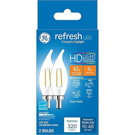 Ge LED Bulb, General Purpose, 40 W Equivalent, E12 Lamp Base, Dimmable, Clear, Daylight Light, PK2 31425