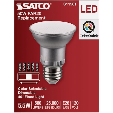 Satco 50W Equivalent 5CCT-Selectable PAR20 Medium Dimmable LED Floodlight Bulb S11581