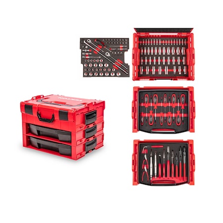 Tekton 127pc 1/4, 3/8 Inch Drive Socket, Ratchet, Screwdriver, and Pliers Set in Modular Stacking Tool Box OLB99006
