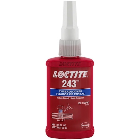 Loctite Primerless Threadlocker, LOCTITE 243, Blue, Medium Strength, Liquid, 50 mL Bottle 1329467