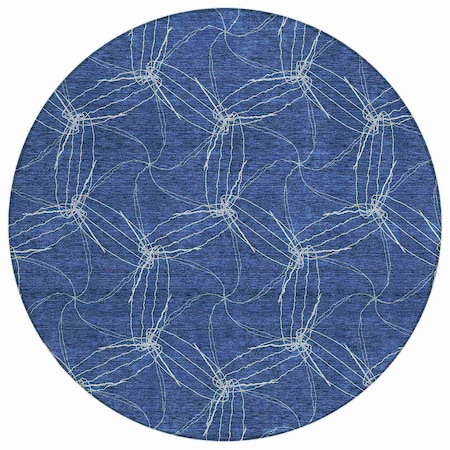 Homeroots 8' Navy Blue And Ivory Round Geometric Washable Indoor Outdoor Area Rug 614091