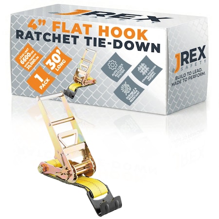 Jrex Safety HD Ratchet Strap with Flat Hooks, Yellow 4 in x 30 ft Tie Down RTD430-JR-FH-1