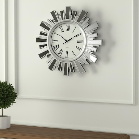 Homeroots 19" Silver And Clear Mirrored Glass And Heavy Duty Plastic Silent Analog Sunburst Wall Clock 626353