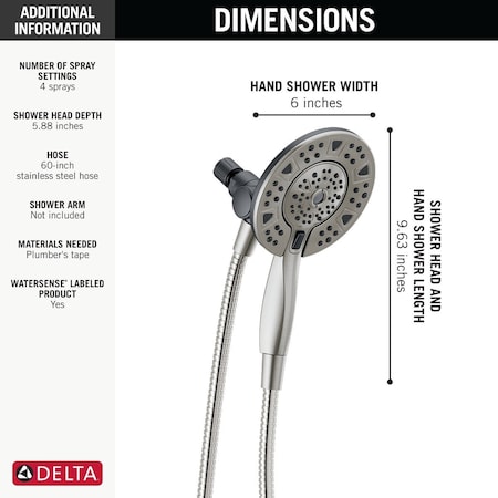 Delta In2ition 4-Spray 1.75GPM Two-In-One Shower Head Brushed Nickel 75494SN