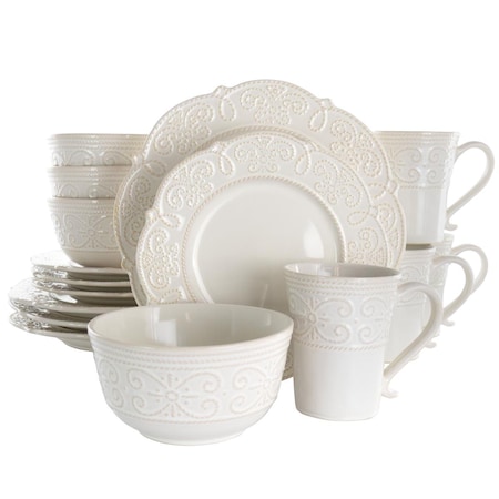 16 Piece Luna Embossed Scalloped Stoneware Dinnerware Set, White