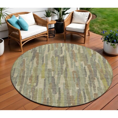 Homeroots 8' Artichoke Green And Ivory Round Striped Washable Indoor Outdoor Area Rug 609026