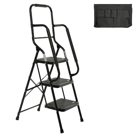 Wrightmaster 3-Step Steel Step Ladder (7 ft. Reach) w/500 lbs Load Capacity, Safety Handrails, Removable Tool Bag ZR-5189P422491