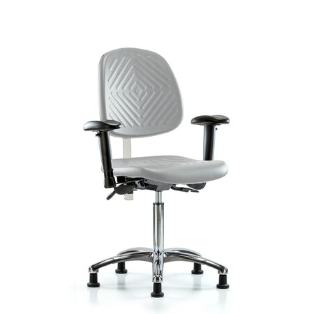 Blue Ridge Ergonomics CL100CleanRoom Chair-Med Bench Ht with Med Back, Seat Tilt, Adj Arms, &Stationary Glides in Gray Poly NCR-PMBCH-MB-CR-T1-A1-NF-RG-GRY