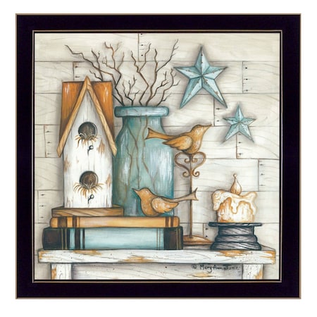 Homeroots Birdhouse on Books 1 Black Framed Print Wall Art 405313