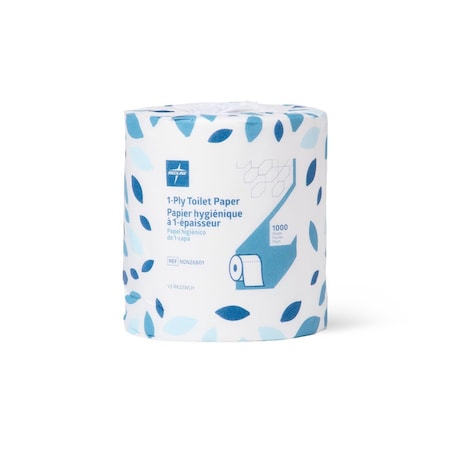 Medline Standard 1-Ply Toilet Paper, 4.5in x 3.8in, 1000 Sheets/Roll, 96PK NON26801