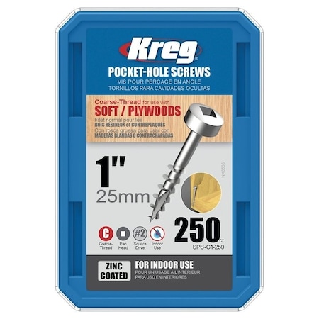 Kreg Pocket-Hole Screw, No 7 Thread, 1 in L, Coarse Thread, Pan Head, Square Drive, Self-Tapping Point, Steel SPS-C1-250