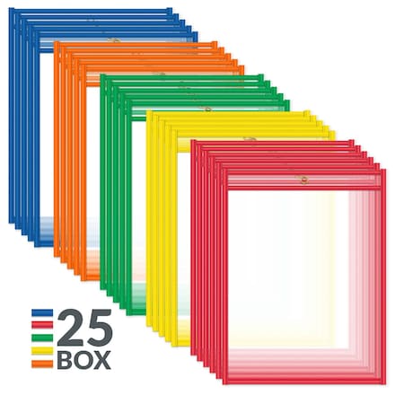C-Line Products 9"x 12" Assorted Primary Colors Vinyl Reusable Dry Erase Pockets, 25/PK 40620