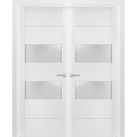 Sartodoors Solid French Double Doors Frosted Glass 2 lites, Lucia 4010 White Silk, Wood Solid Panel Frame Trim LUCIA4010DD-WS-7296