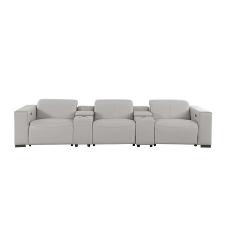Homeroots 136" Light Gray Top Grain Leather Reclining Metal USB Sofa 720315
