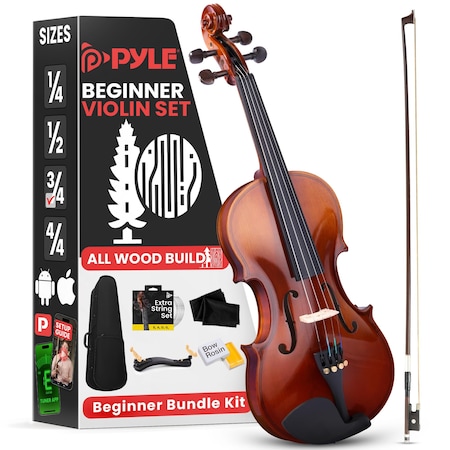 Pyle 3/4 Size Beginner Violin Starter Kit, Violin Starter Package with Travel Case & Bow, Extra Strings PGVILN16
